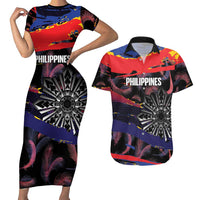 Philippines Sun Tattoo Couples Matching Short Sleeve Bodycon Dress and Hawaiian Shirt Feathers Filipinas Grunge Style Black LT14 Black - Polynesian Pride