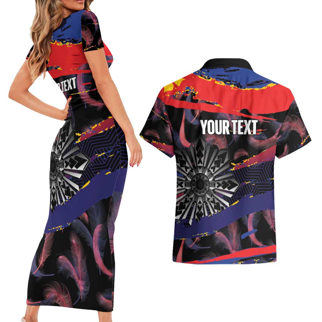 Philippines Sun Tattoo Couples Matching Short Sleeve Bodycon Dress and Hawaiian Shirt Feathers Filipinas Grunge Style Black LT14 - Polynesian Pride
