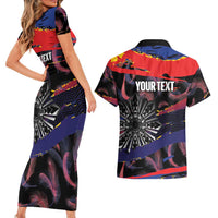 Philippines Sun Tattoo Couples Matching Short Sleeve Bodycon Dress and Hawaiian Shirt Feathers Filipinas Grunge Style Black LT14 - Polynesian Pride