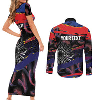 Philippines Sun Tattoo Couples Matching Short Sleeve Bodycon Dress and Long Sleeve Button Shirt Feathers Filipinas Grunge Style Black LT14 - Polynesian Pride
