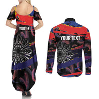 Philippines Sun Tattoo Couples Matching Summer Maxi Dress and Long Sleeve Button Shirt Feathers Filipinas Grunge Style Black LT14 - Polynesian Pride