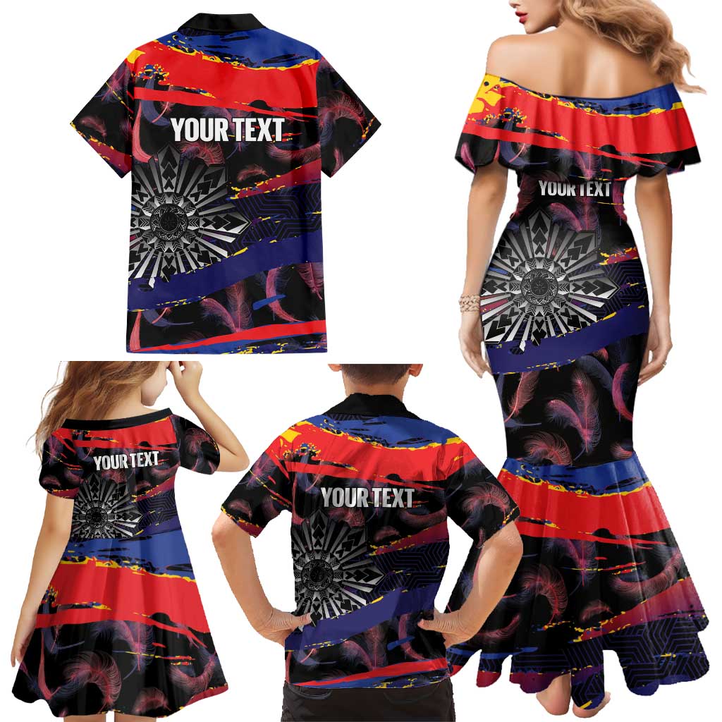 Philippines Sun Tattoo Family Matching Mermaid Dress and Hawaiian Shirt Feathers Filipinas Grunge Style Black