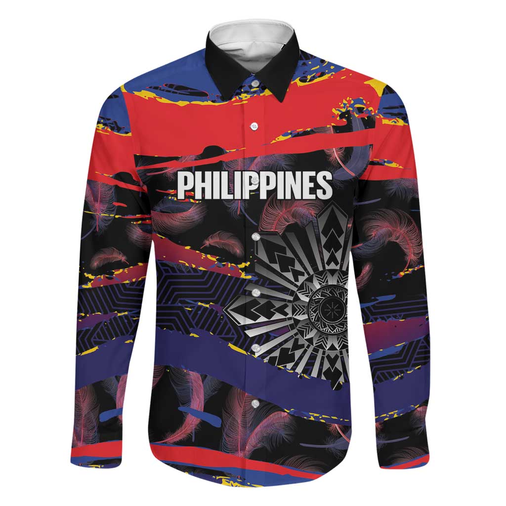 Philippines Sun Tattoo Family Matching Off The Shoulder Long Sleeve Dress and Hawaiian Shirt Feathers Filipinas Grunge Style Black LT14 Dad's Shirt - Long Sleeve Black - Polynesian Pride