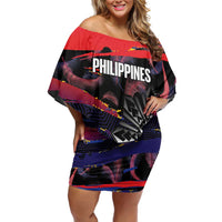 Philippines Sun Tattoo Family Matching Off Shoulder Short Dress and Hawaiian Shirt Feathers Filipinas Grunge Style Black