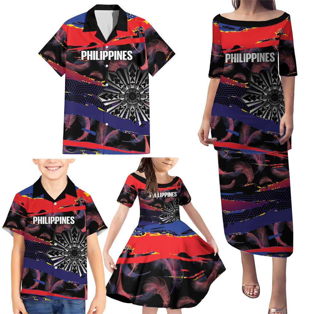 Philippines Sun Tattoo Family Matching Puletasi and Hawaiian Shirt Feathers Filipinas Grunge Style Black
