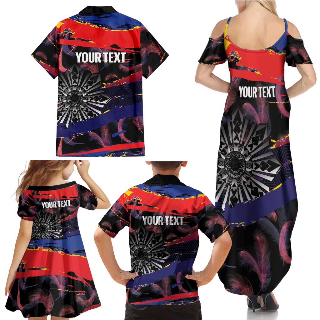 Philippines Sun Tattoo Family Matching Summer Maxi Dress and Hawaiian Shirt Feathers Filipinas Grunge Style Black