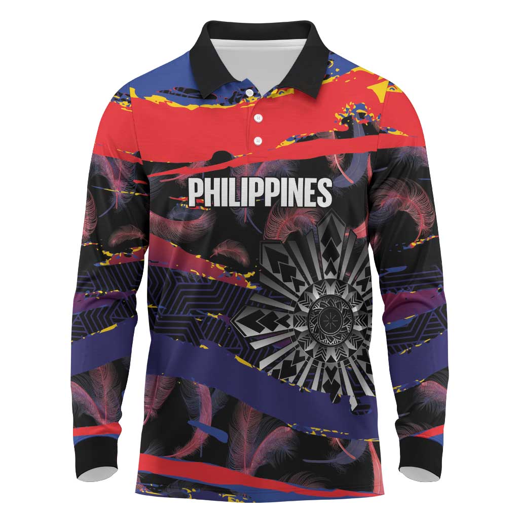 Philippines Sun Tattoo Long Sleeve Polo Shirt Feathers Filipinas Grunge Style Black
