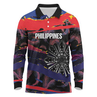 Philippines Sun Tattoo Long Sleeve Polo Shirt Feathers Filipinas Grunge Style Black