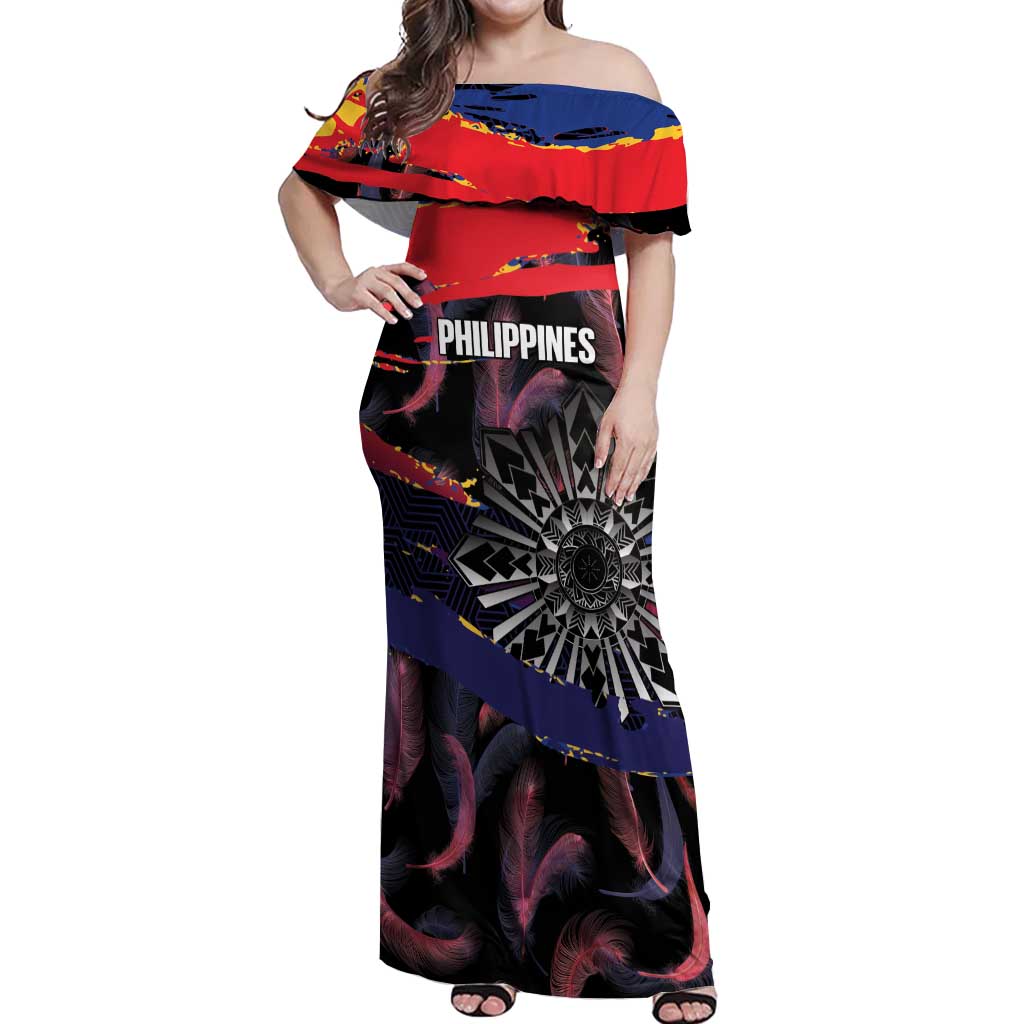 Philippines Sun Tattoo Off Shoulder Maxi Dress Feathers Filipinas Grunge Style Black