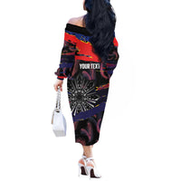 Philippines Sun Tattoo Off The Shoulder Long Sleeve Dress Feathers Filipinas Grunge Style Black