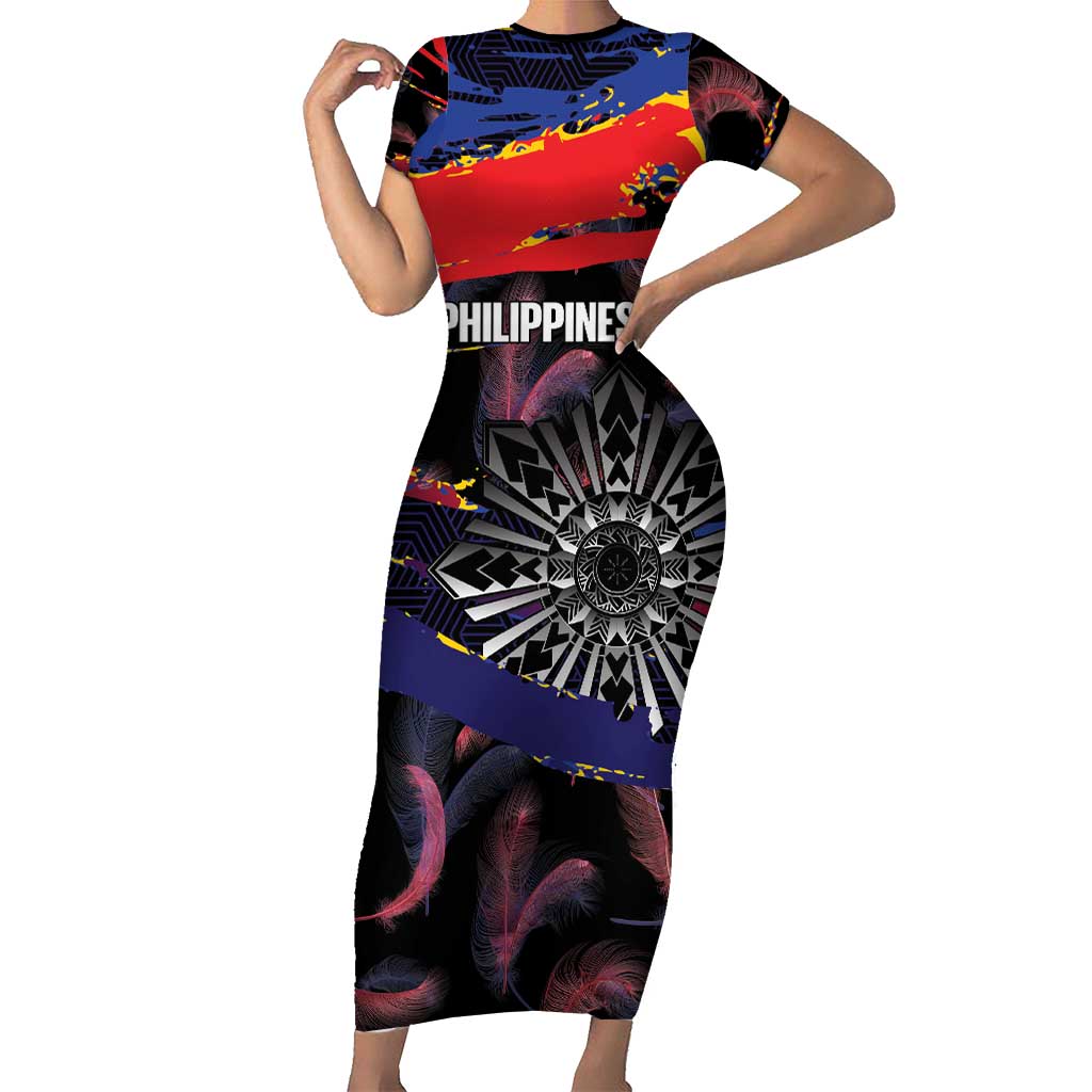 Philippines Sun Tattoo Short Sleeve Bodycon Dress Feathers Filipinas Grunge Style Black