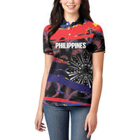 Philippines Sun Tattoo Women Polo Shirt Feathers Filipinas Grunge Style Black