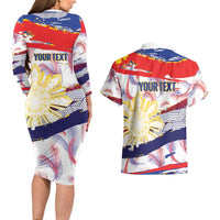 Philippines Sun Tattoo Couples Matching Long Sleeve Bodycon Dress and Hawaiian Shirt Feathers Filipinas Grunge Style White LT14 - Polynesian Pride