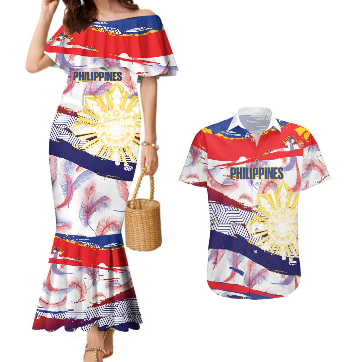 Philippines Sun Tattoo Couples Matching Mermaid Dress and Hawaiian Shirt Feathers Filipinas Grunge Style White LT14 White - Polynesian Pride