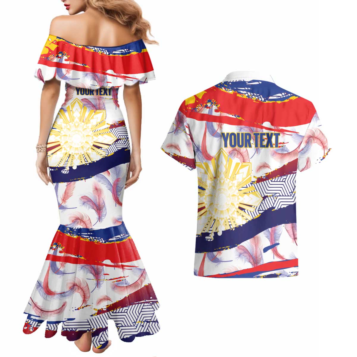 Philippines Sun Tattoo Couples Matching Mermaid Dress and Hawaiian Shirt Feathers Filipinas Grunge Style White LT14 - Polynesian Pride