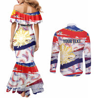 Philippines Sun Tattoo Couples Matching Mermaid Dress and Long Sleeve Button Shirt Feathers Filipinas Grunge Style White LT14 - Polynesian Pride
