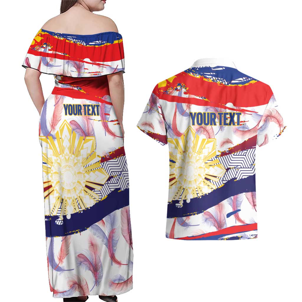 Philippines Sun Tattoo Couples Matching Off Shoulder Maxi Dress and Hawaiian Shirt Feathers Filipinas Grunge Style White