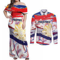 Philippines Sun Tattoo Couples Matching Off Shoulder Maxi Dress and Long Sleeve Button Shirt Feathers Filipinas Grunge Style White LT14 White - Polynesian Pride