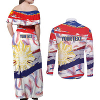 Philippines Sun Tattoo Couples Matching Off Shoulder Maxi Dress and Long Sleeve Button Shirt Feathers Filipinas Grunge Style White LT14 - Polynesian Pride