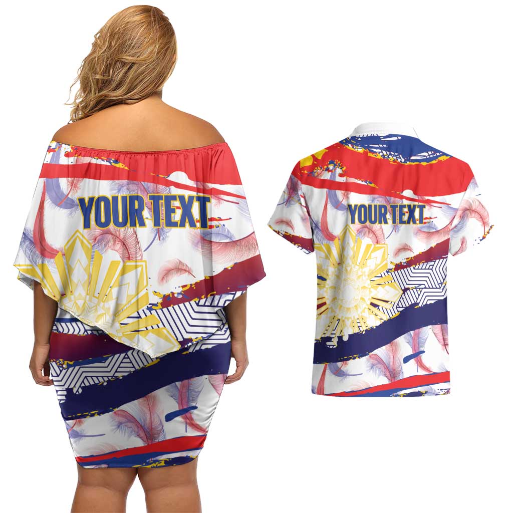 Philippines Sun Tattoo Couples Matching Off Shoulder Short Dress and Hawaiian Shirt Feathers Filipinas Grunge Style White LT14 - Polynesian Pride