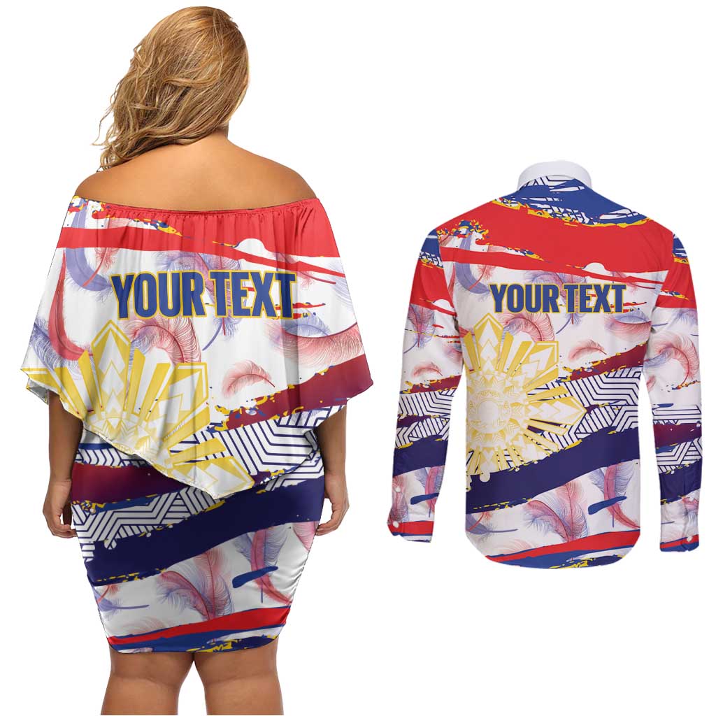 Philippines Sun Tattoo Couples Matching Off Shoulder Short Dress and Long Sleeve Button Shirt Feathers Filipinas Grunge Style White LT14 - Polynesian Pride