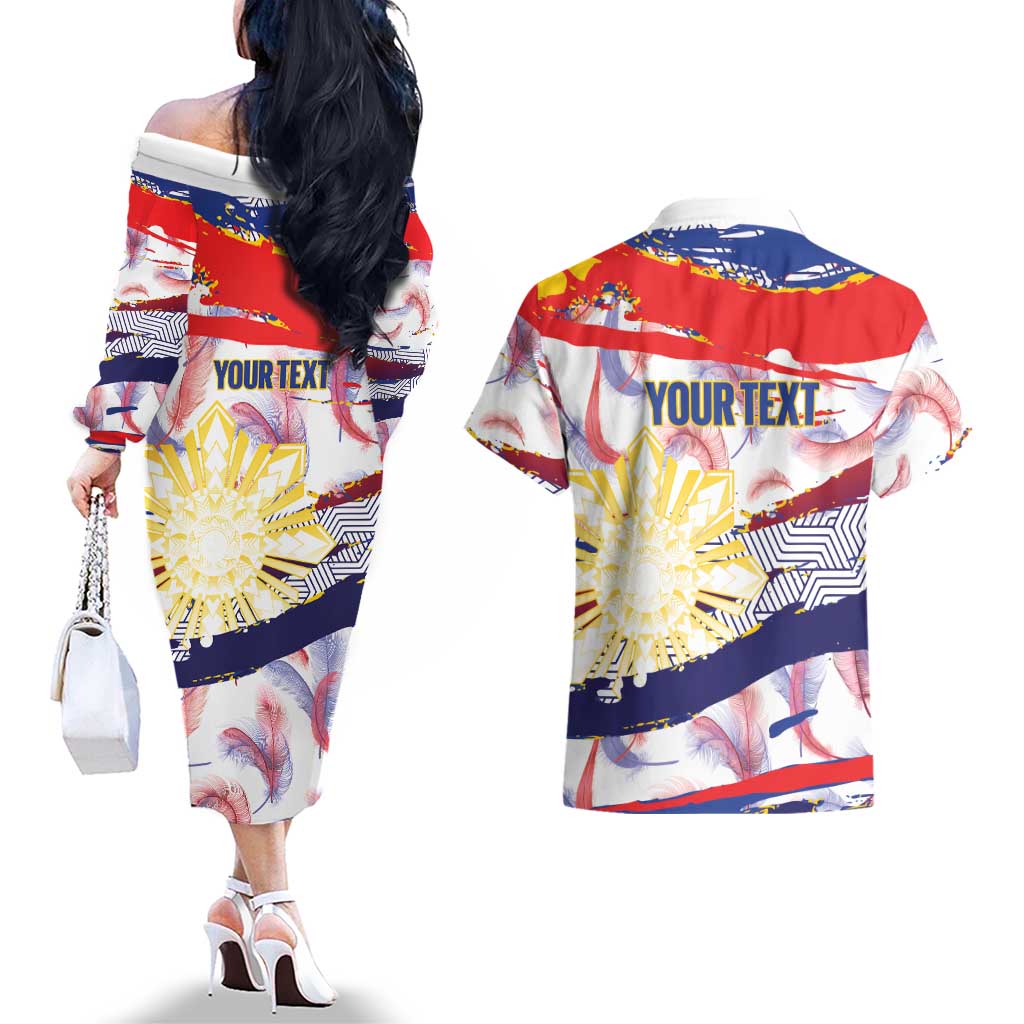 Philippines Sun Tattoo Couples Matching Off The Shoulder Long Sleeve Dress and Hawaiian Shirt Feathers Filipinas Grunge Style White LT14 - Polynesian Pride