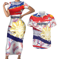 Philippines Sun Tattoo Couples Matching Short Sleeve Bodycon Dress and Hawaiian Shirt Feathers Filipinas Grunge Style White LT14 White - Polynesian Pride