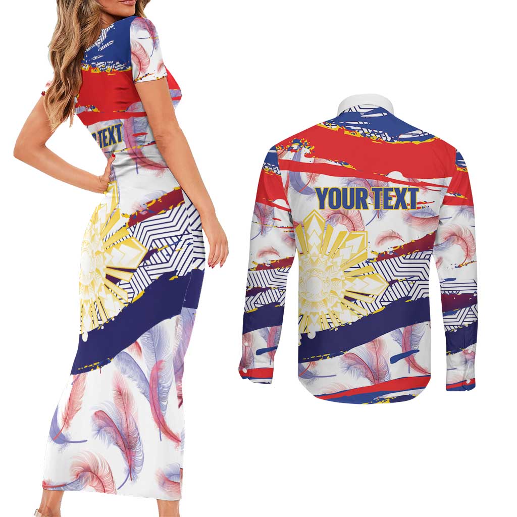 Philippines Sun Tattoo Couples Matching Short Sleeve Bodycon Dress and Long Sleeve Button Shirt Feathers Filipinas Grunge Style White LT14 - Polynesian Pride