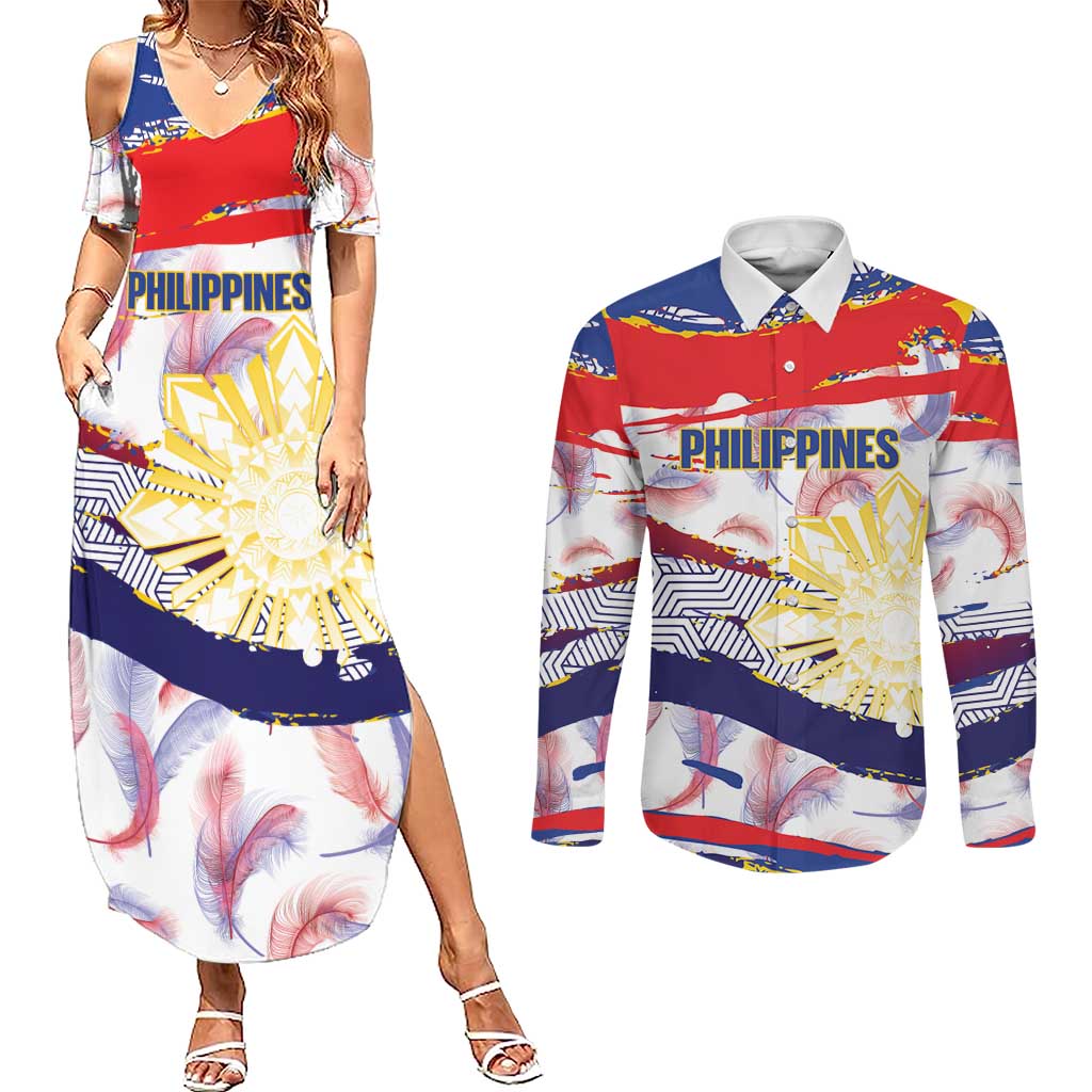Philippines Sun Tattoo Couples Matching Summer Maxi Dress and Long Sleeve Button Shirt Feathers Filipinas Grunge Style White LT14 White - Polynesian Pride