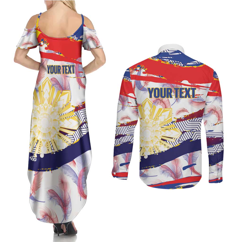 Philippines Sun Tattoo Couples Matching Summer Maxi Dress and Long Sleeve Button Shirt Feathers Filipinas Grunge Style White LT14 - Polynesian Pride