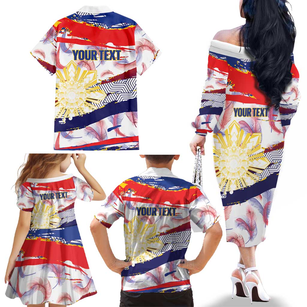 Philippines Sun Tattoo Family Matching Off The Shoulder Long Sleeve Dress and Hawaiian Shirt Feathers Filipinas Grunge Style White LT14 - Polynesian Pride