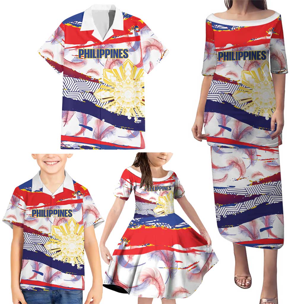 Philippines Sun Tattoo Family Matching Puletasi and Hawaiian Shirt Feathers Filipinas Grunge Style White LT14 - Polynesian Pride