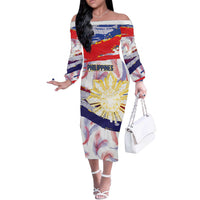 Philippines Sun Tattoo Off The Shoulder Long Sleeve Dress Feathers Filipinas Grunge Style White