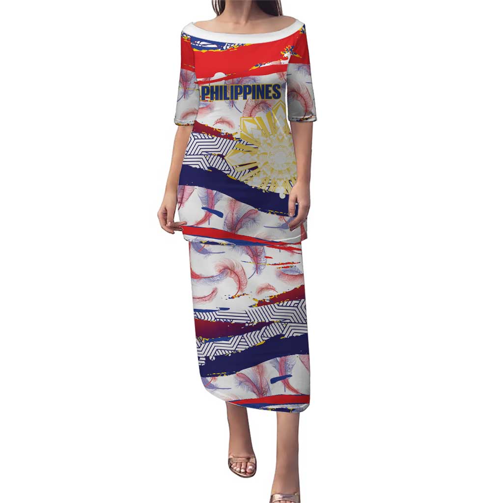Philippines Sun Tattoo Puletasi Feathers Filipinas Grunge Style White LT14 Long Dress White - Polynesian Pride