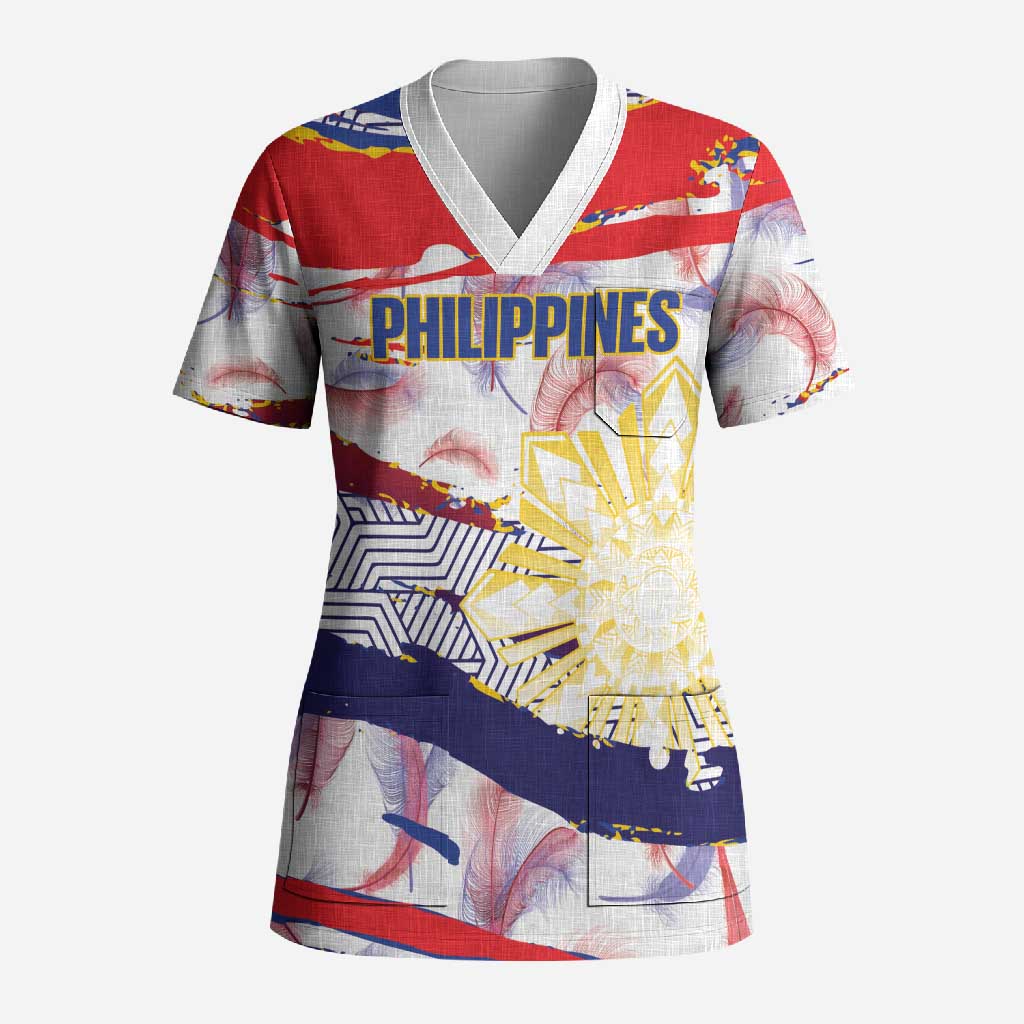 Philippines Sun Tattoo Scrub Top Feathers Filipinas Grunge Style White