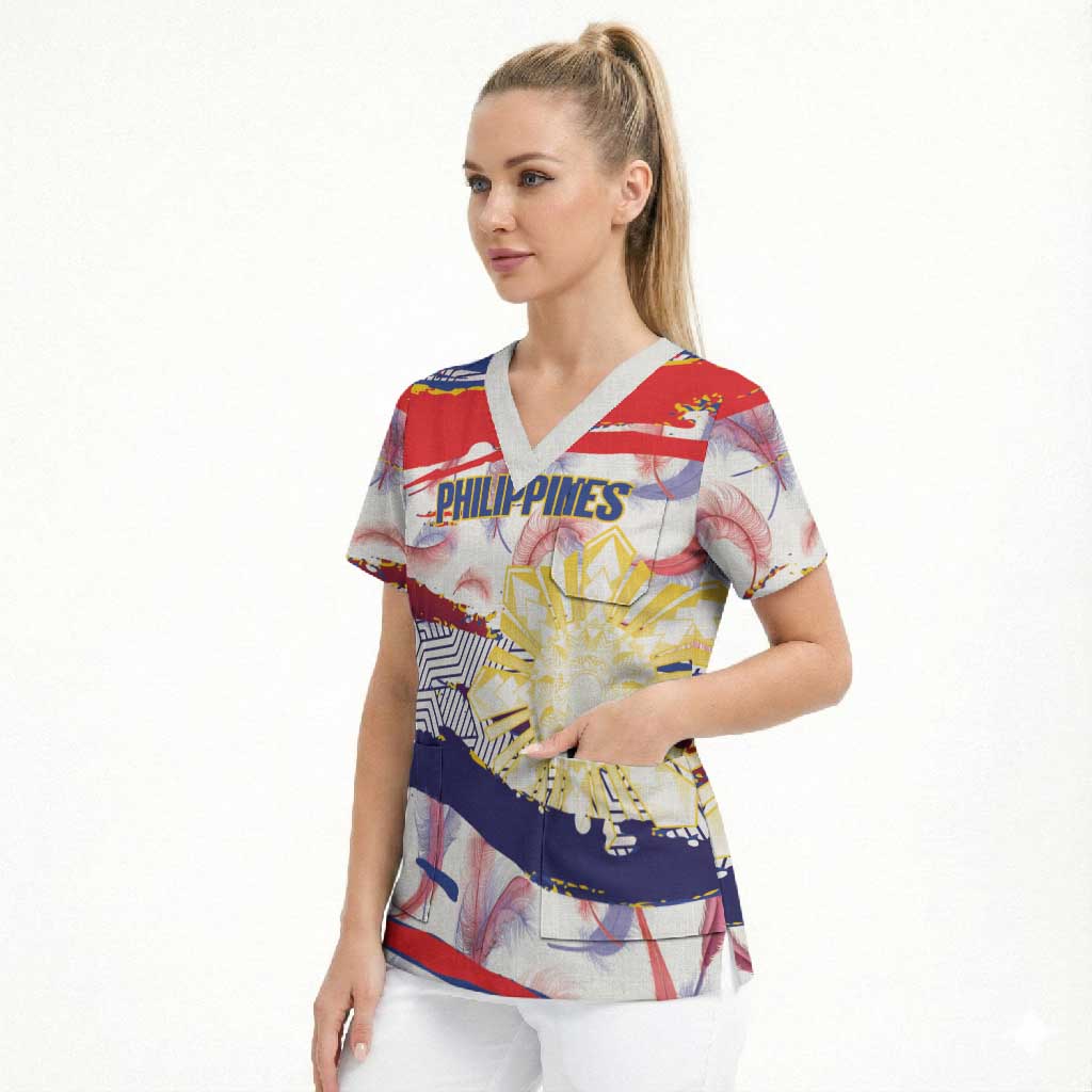 Philippines Sun Tattoo Scrub Top Feathers Filipinas Grunge Style White