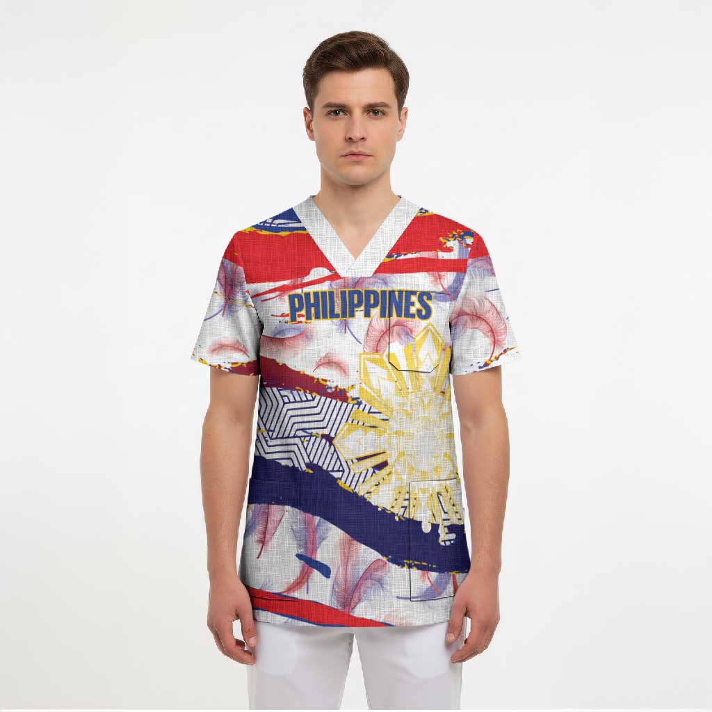 Philippines Sun Tattoo Scrub Top Feathers Filipinas Grunge Style White