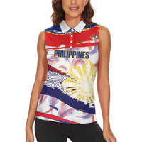 Philippines Sun Tattoo Women Sleeveless Polo Shirt Feathers Filipinas Grunge Style White LT14 - Polynesian Pride