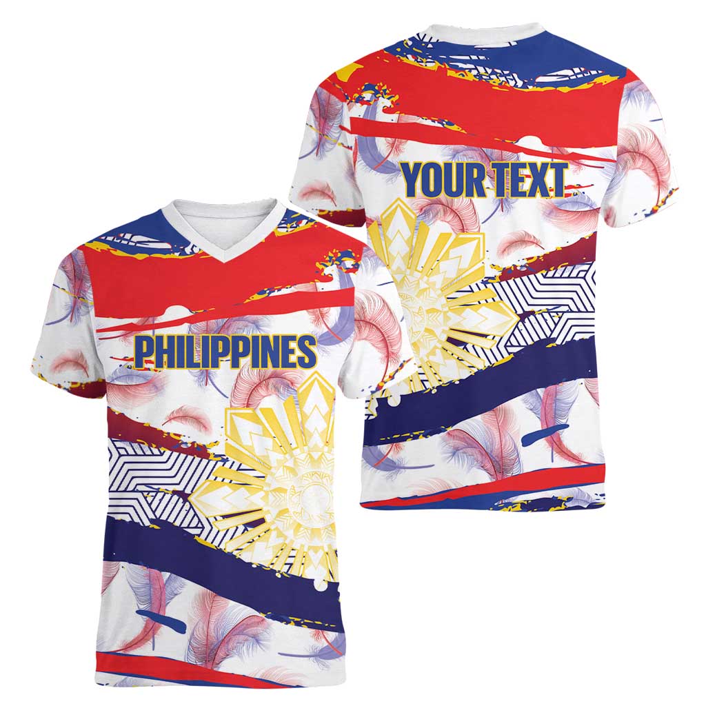 Philippines Sun Tattoo Women V-Neck T-Shirt Feathers Filipinas Grunge Style White