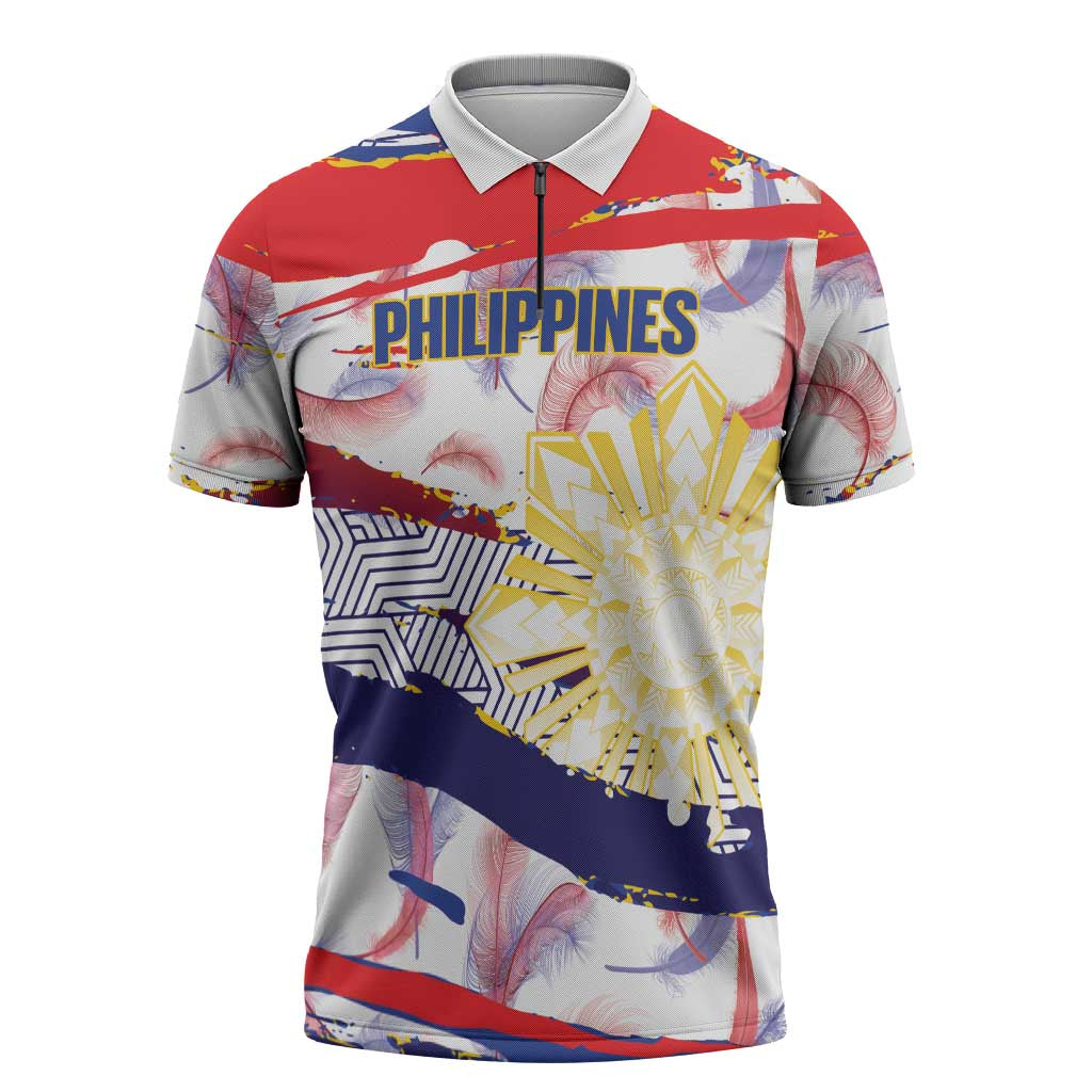 Philippines Sun Tattoo Zipper Polo Shirt Feathers Filipinas Grunge Style White LT14 White - Polynesian Pride