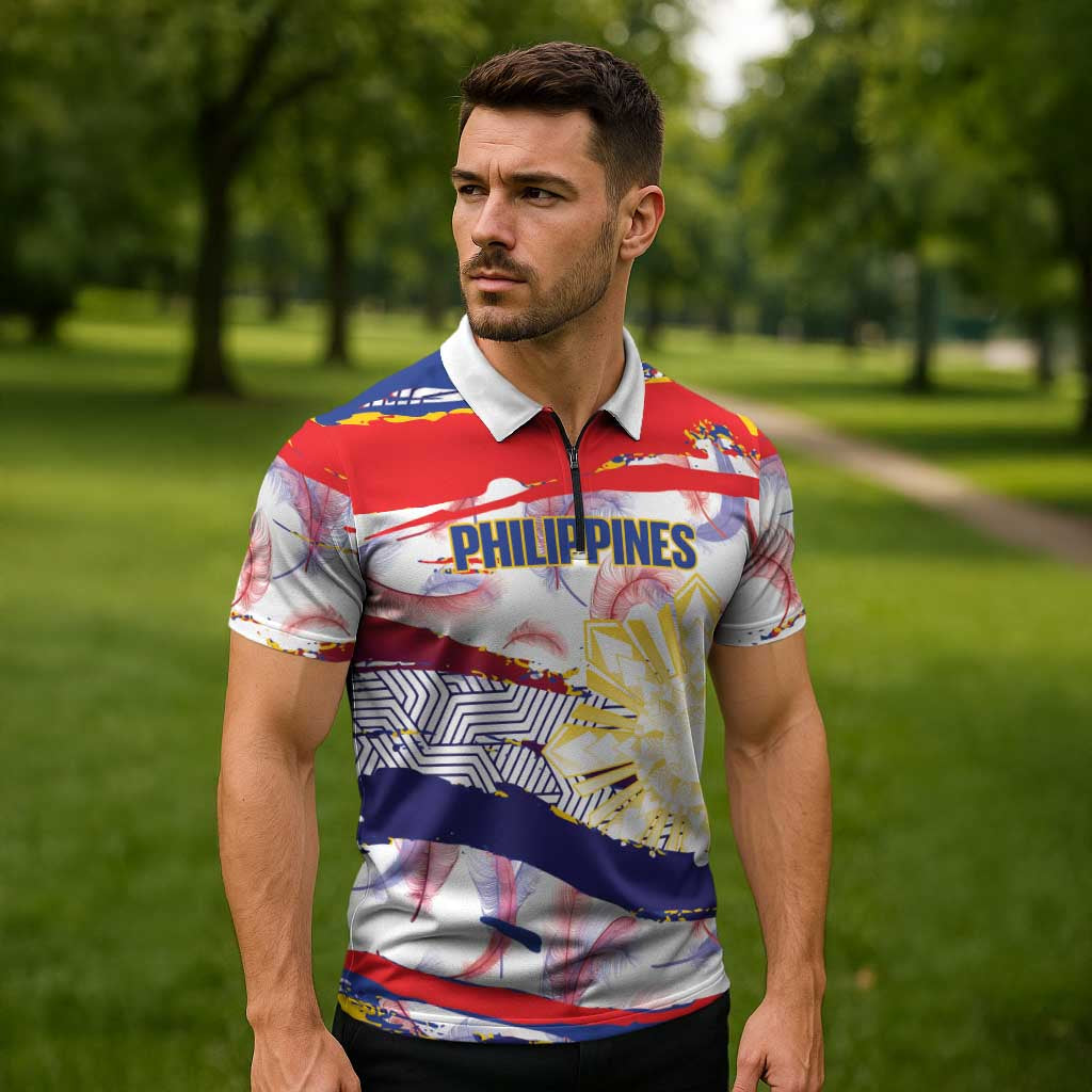 Philippines Sun Tattoo Zipper Polo Shirt Feathers Filipinas Grunge Style White LT14 - Polynesian Pride