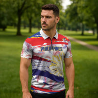 Philippines Sun Tattoo Zipper Polo Shirt Feathers Filipinas Grunge Style White LT14 - Polynesian Pride
