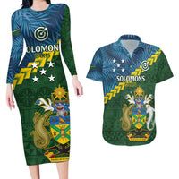 Personalised Solomon Islands Darts Couples Matching Long Sleeve Bodycon Dress and Hawaiian Shirt Tropical Leaves Melanesian Pattern LT14 Green - Polynesian Pride