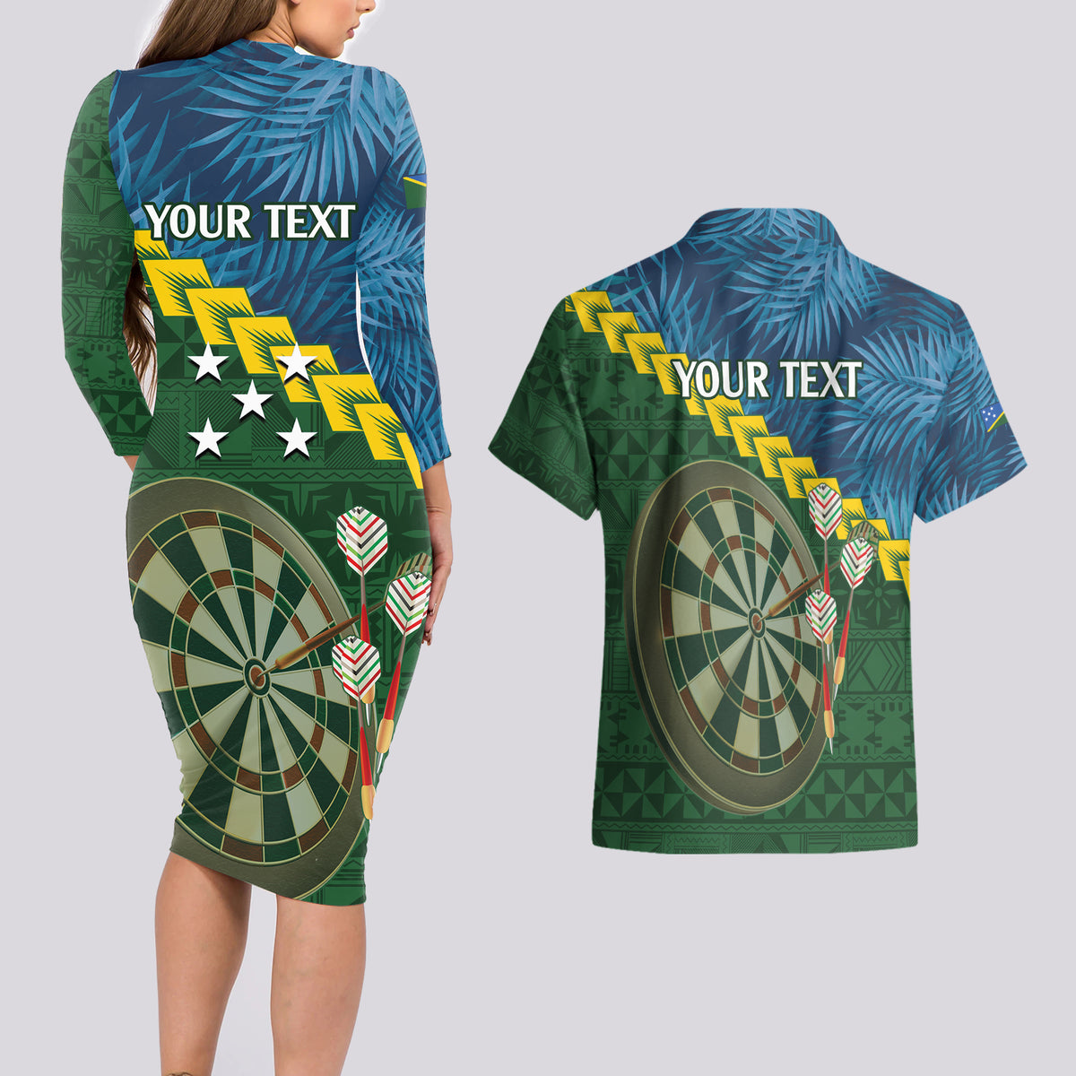 Personalised Solomon Islands Darts Couples Matching Long Sleeve Bodycon Dress and Hawaiian Shirt Tropical Leaves Melanesian Pattern LT14 - Polynesian Pride