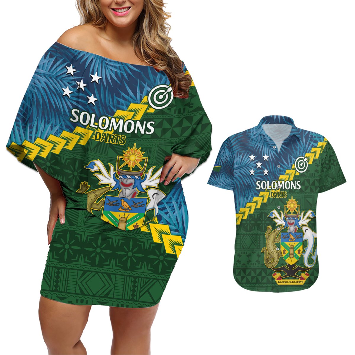 Personalised Solomon Islands Darts Couples Matching Off Shoulder Short Dress and Hawaiian Shirt Tropical Leaves Melanesian Pattern LT14 Green - Polynesian Pride