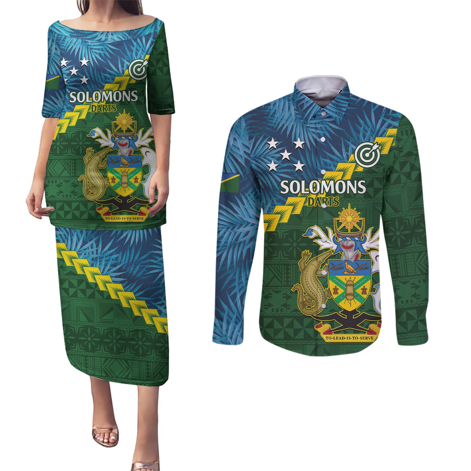 Personalised Solomon Islands Darts Couples Matching Puletasi and Long Sleeve Button Shirt Tropical Leaves Melanesian Pattern
