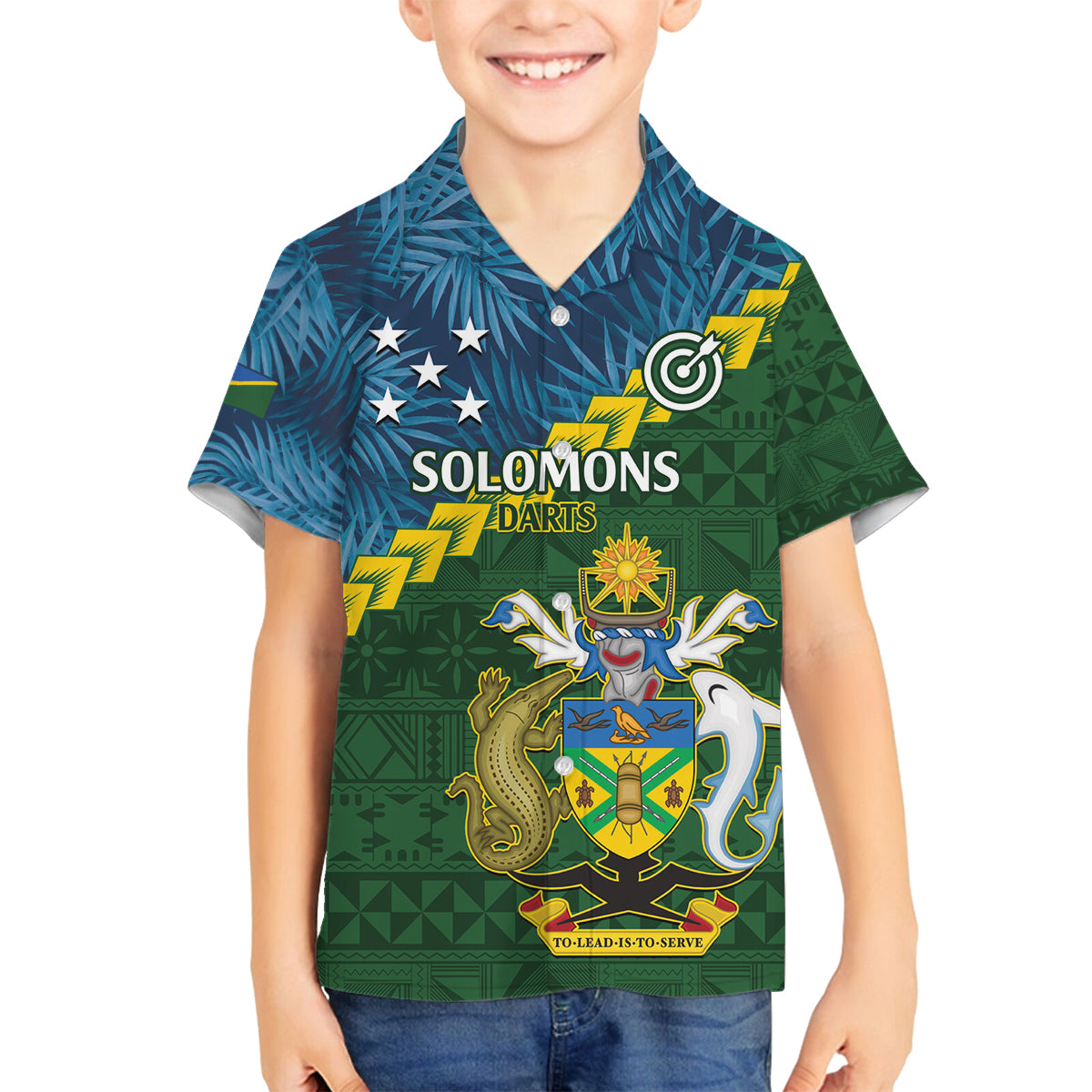 Personalised Solomon Islands Darts Family Matching Off Shoulder Maxi Dress and Hawaiian Shirt Tropical Leaves Melanesian Pattern LT14 Son's Shirt Green - Polynesian Pride