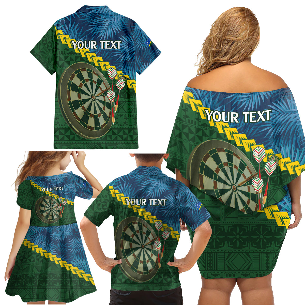 Personalised Solomon Islands Darts Family Matching Off Shoulder Short Dress and Hawaiian Shirt Tropical Leaves Melanesian Pattern LT14 - Polynesian Pride
