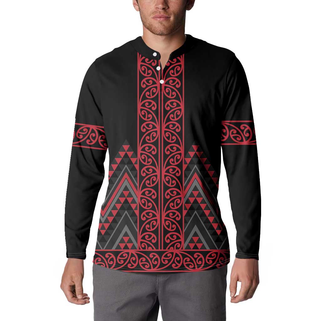 Red Aotearoa Mangopare Kowhaiwhai and Niho Taniwha Button Sweatshirt Maori New Zealand LT14 - Polynesian Pride