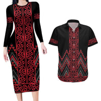 Red Aotearoa Mangopare Kowhaiwhai and Niho Taniwha Couples Matching Long Sleeve Bodycon Dress and Hawaiian Shirt Maori New Zealand LT14 Red - Polynesian Pride